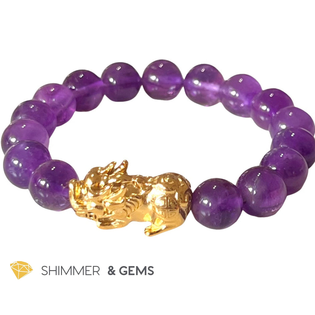 Amethyst Stainless Steel Pixiu Bracelet (10Mm) Bracelets
