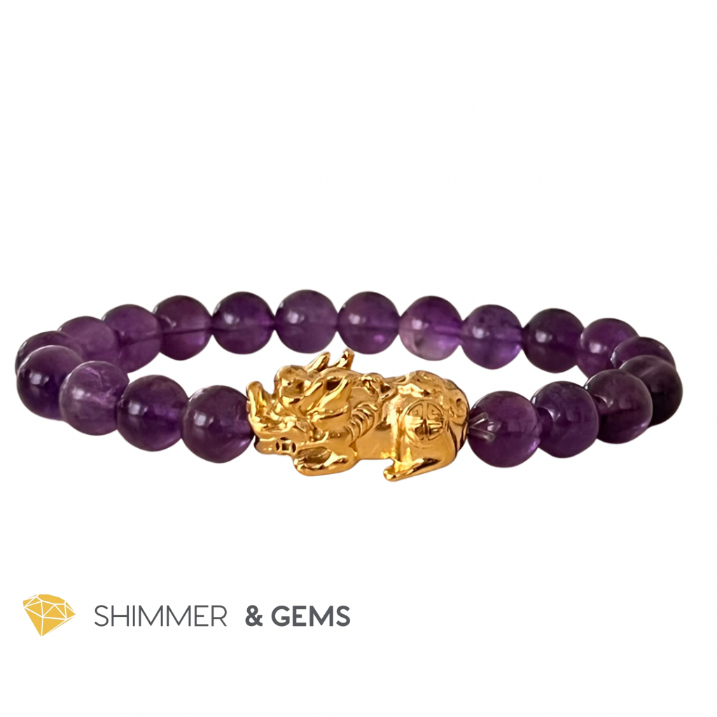 Amethyst Stainless Steel Pixiu Bracelet (8Mm) Bracelets