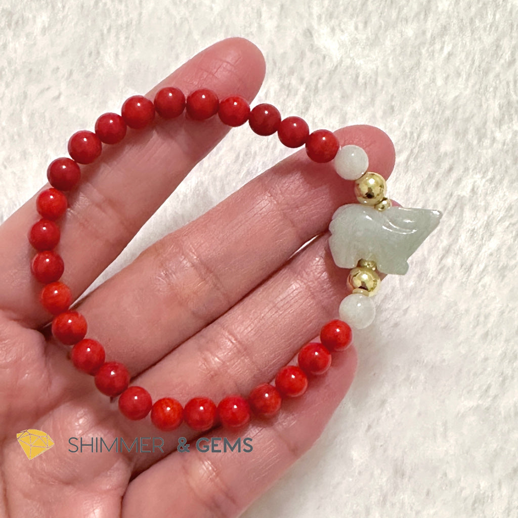 Animal Zodiac OX Burma Jade with Red Coral Bracelet (Feng Shui 2024)
