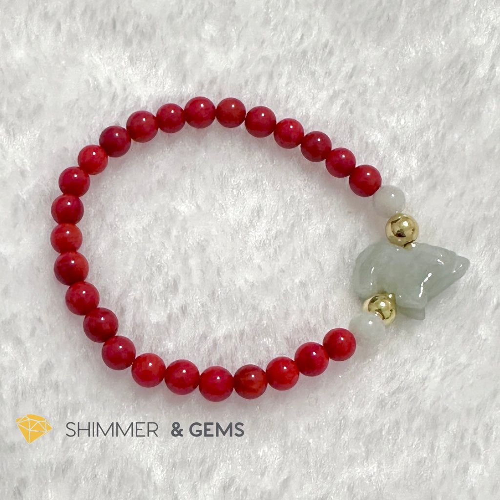 Animal Zodiac OX Burma Jade with Red Coral Bracelet (Feng Shui 2024)