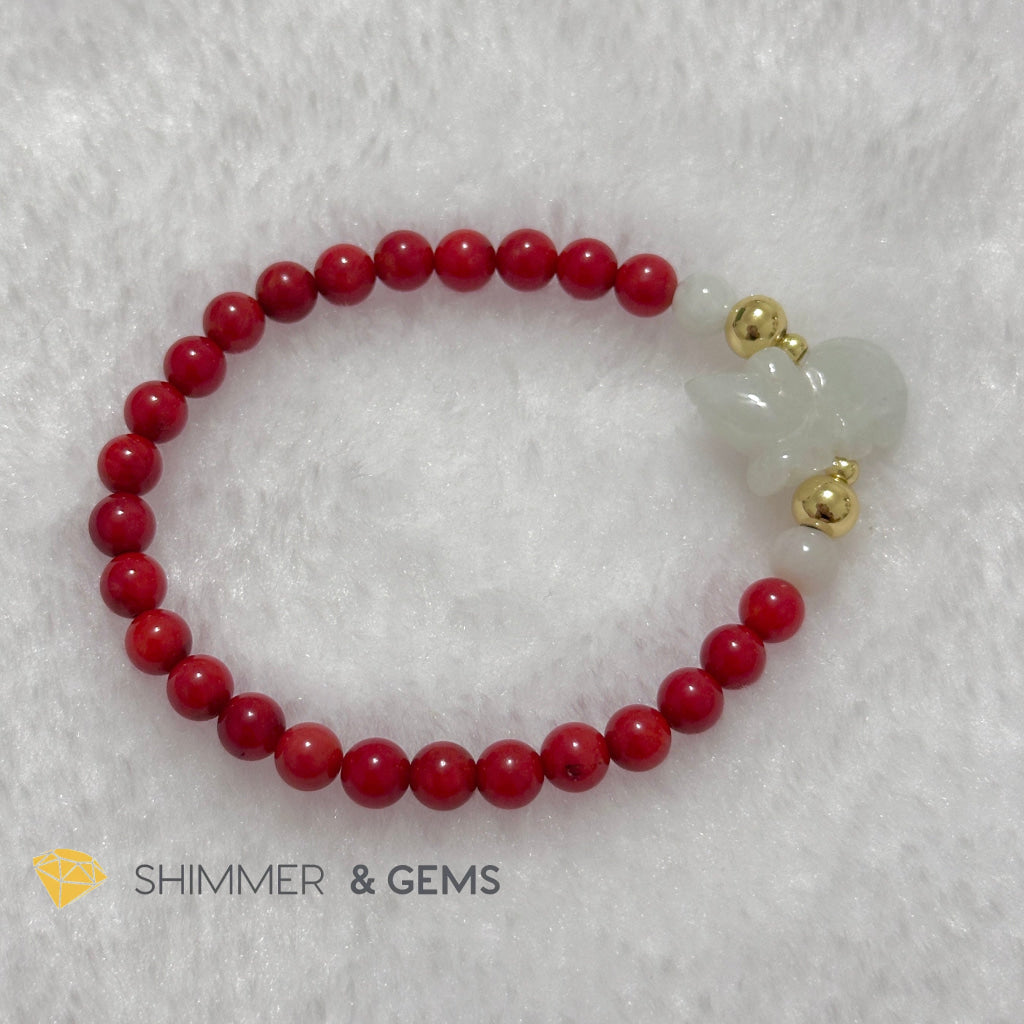 Animal Zodiac RAT Burma Jade with Red Coral Bracelet (Feng Shui 2024)