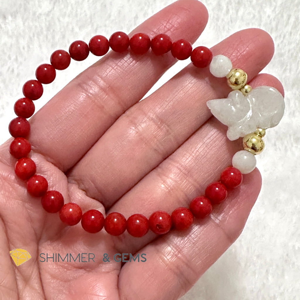 Animal Zodiac RAT Burma Jade with Red Coral Bracelet (Feng Shui 2024)