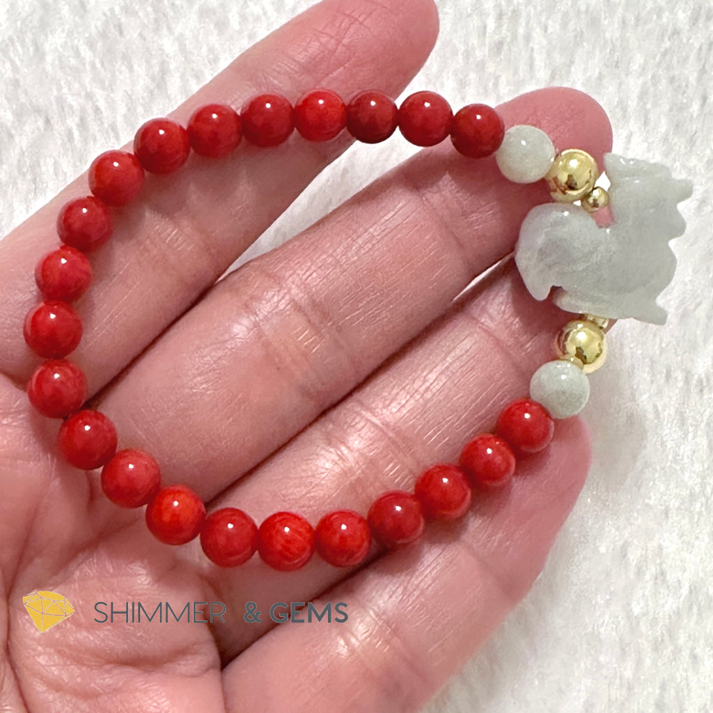 Animal Zodiac ROOSTER Burma Jade with Red Coral Bracelet (Feng Shui 2024)