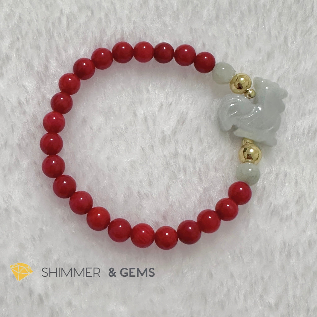 Animal Zodiac ROOSTER Burma Jade with Red Coral Bracelet (Feng Shui 2024)