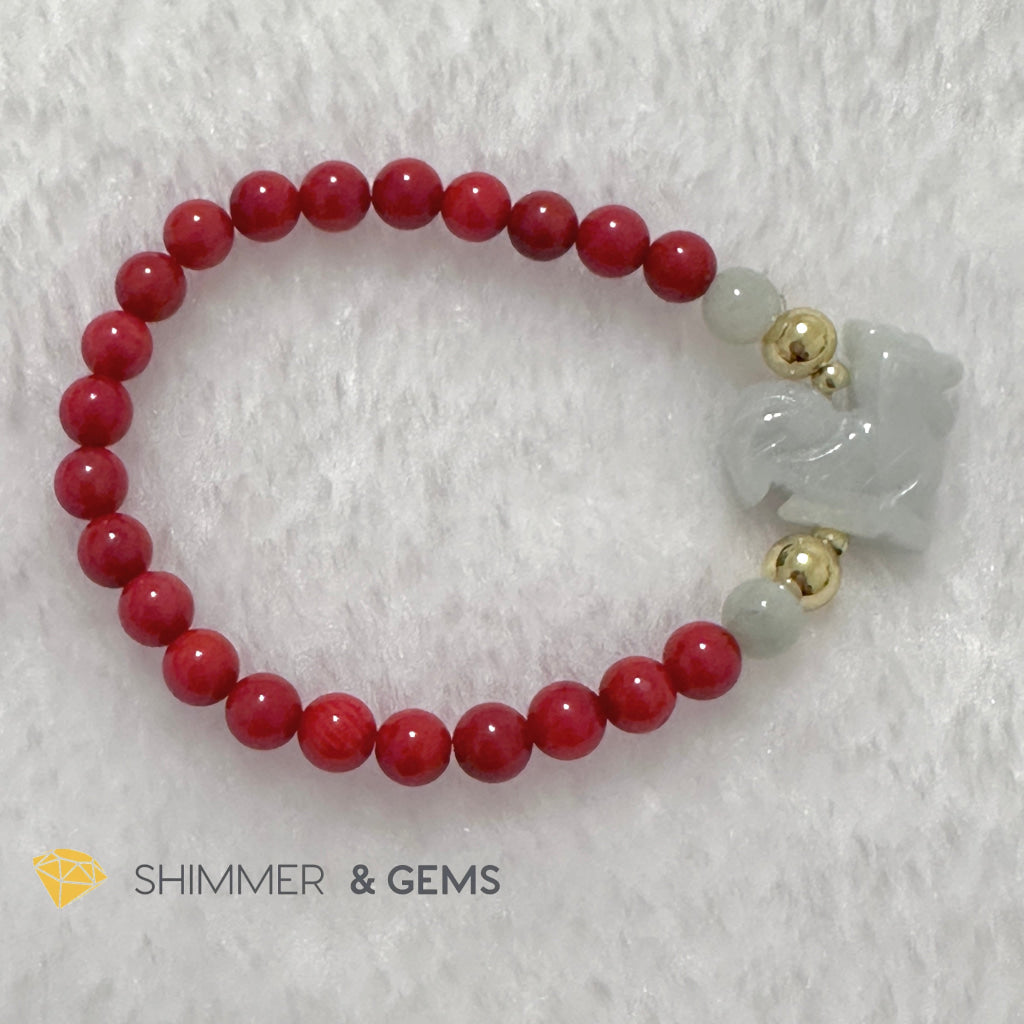 Animal Zodiac ROOSTER Burma Jade with Red Coral Bracelet (Feng Shui 2024)