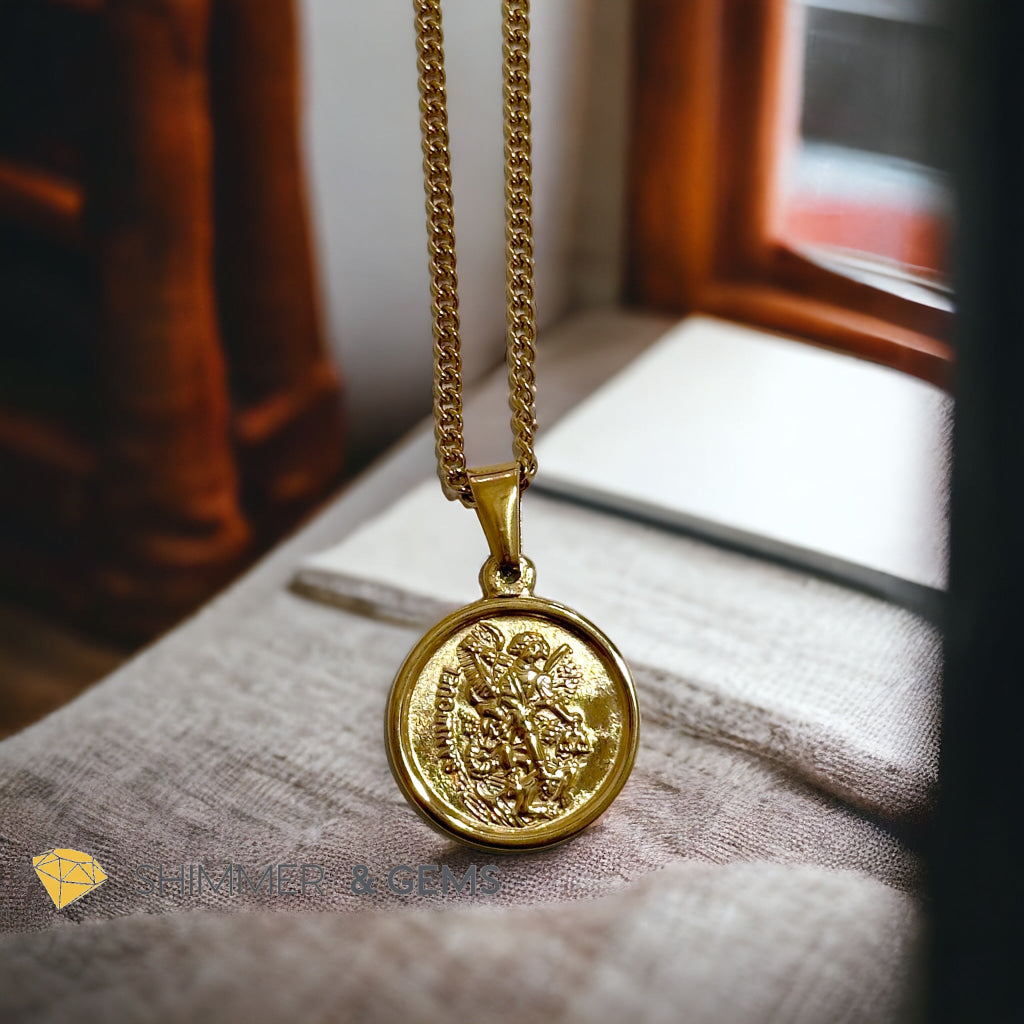 Archangel Michael Round 18k gold plated Stainless Steel Pendant with Chain (20mm)