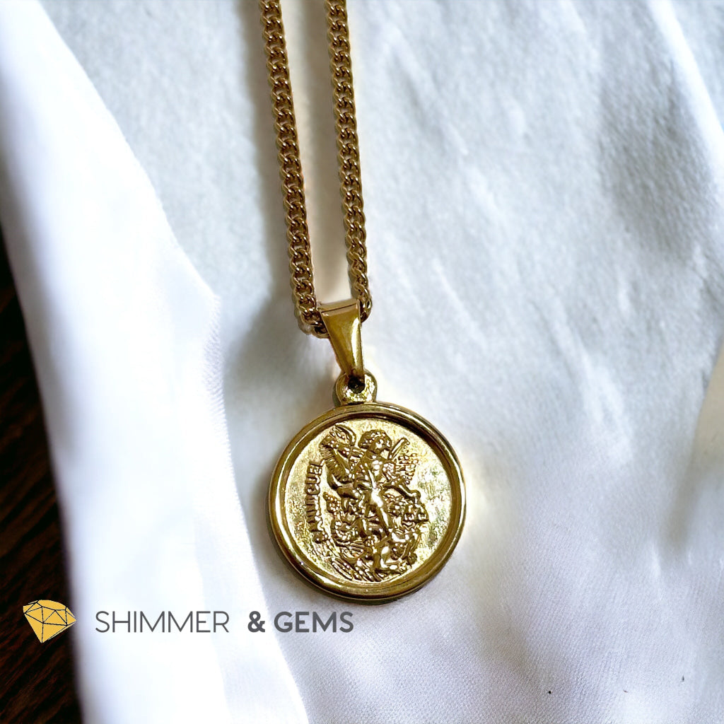 Archangel Michael Round 18k gold plated Stainless Steel Pendant with Chain (20mm)