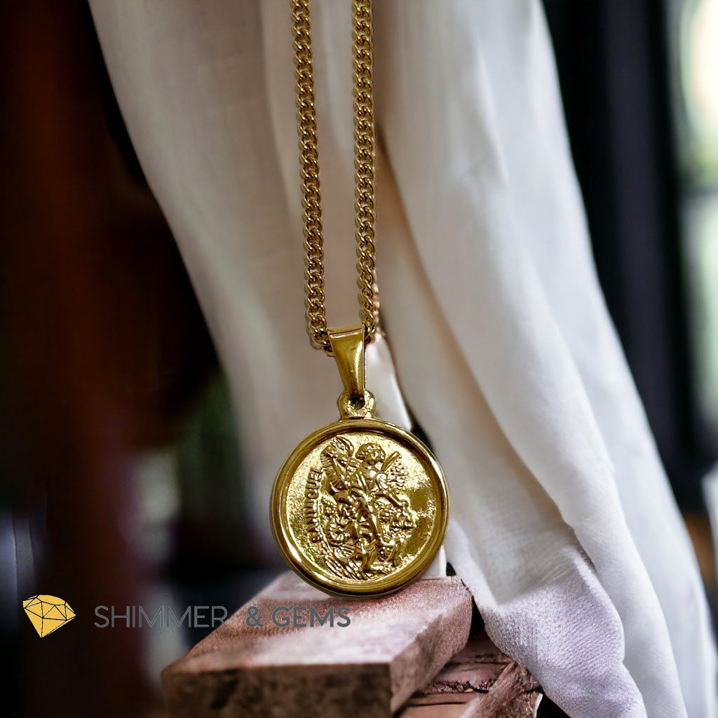 Archangel Michael Round 18k gold plated Stainless Steel Pendant with Chain (20mm)
