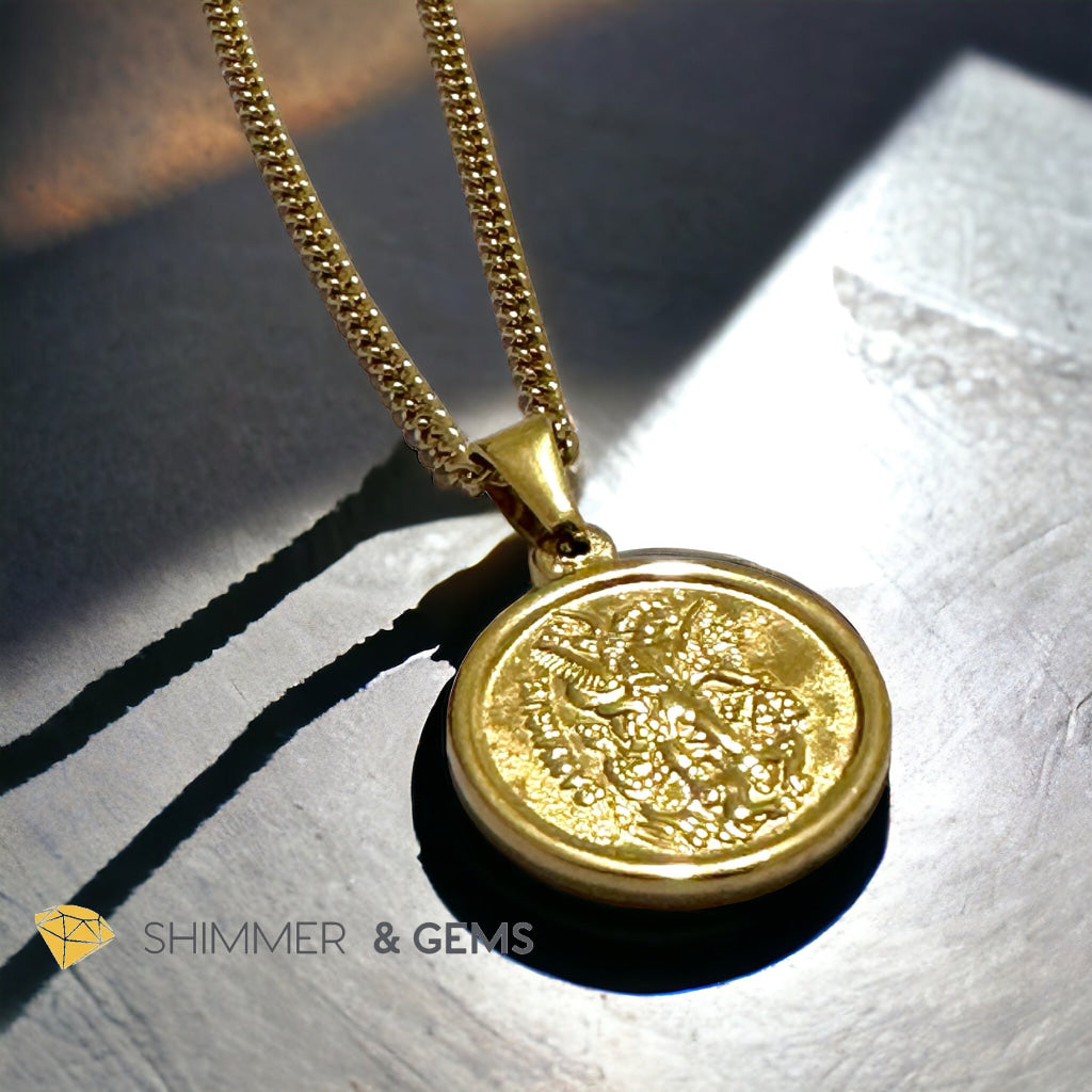 Archangel Michael Round 18k gold plated Stainless Steel Pendant with Chain (20mm)