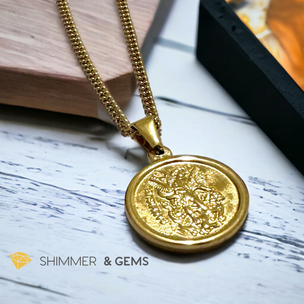 Archangel Michael Round 18k gold plated Stainless Steel Pendant with Chain (20mm)