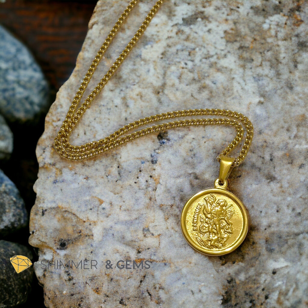 Archangel Michael Round 18k gold plated Stainless Steel Pendant with Chain (20mm)