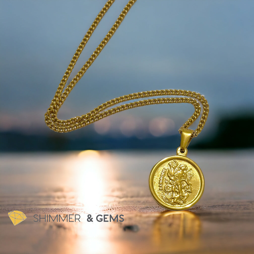 Archangel Michael Round 18k gold plated Stainless Steel Pendant with Chain (20mm)