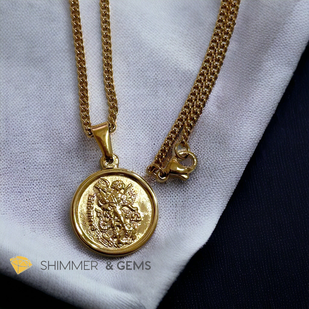 Archangel Michael Round 18k gold plated Stainless Steel Pendant with Chain (20mm)