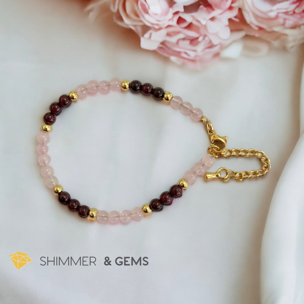 Attract Love 4mm Stainless Steel Remedy Bracelet (Rose Quartz & Garnet)Adjustable Size