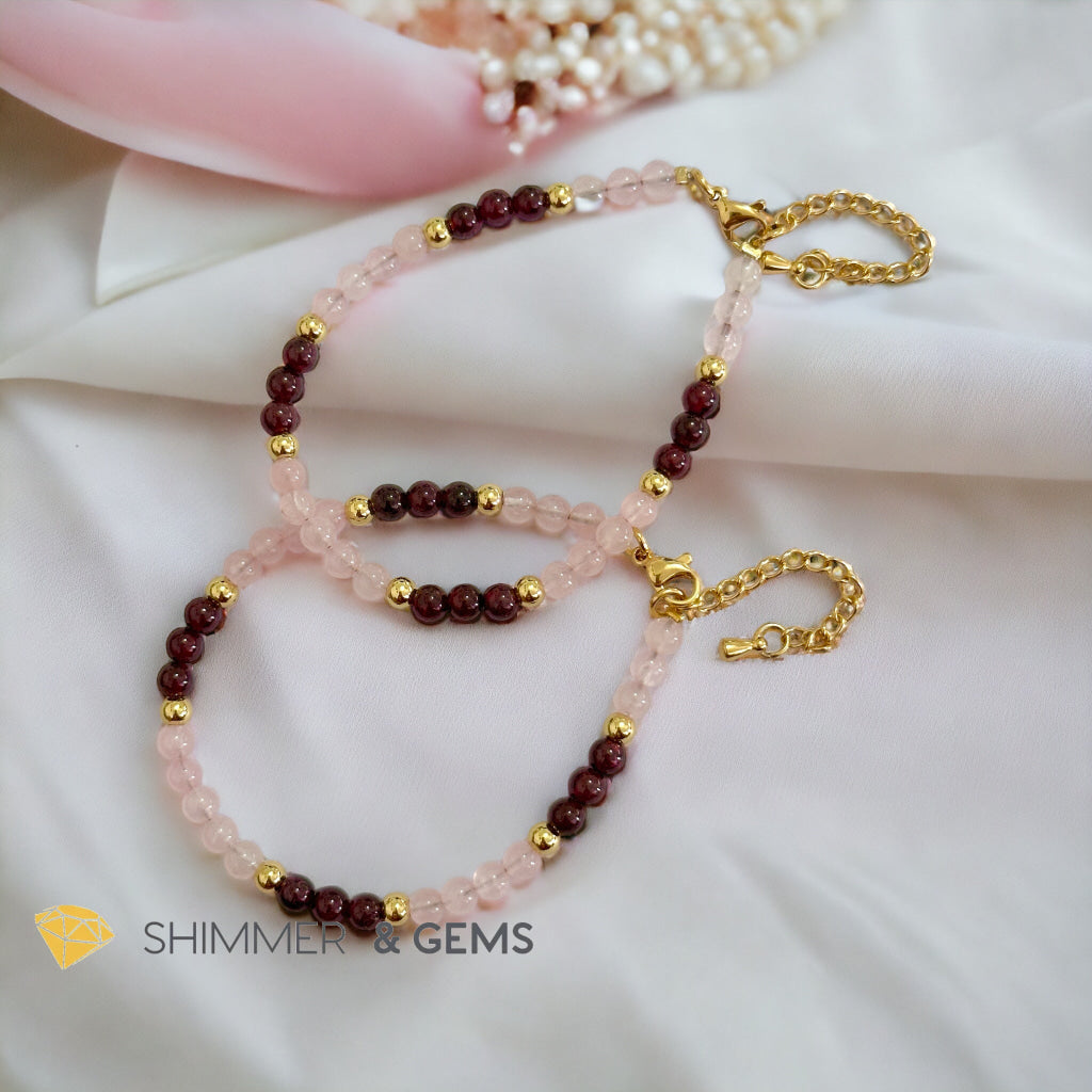 Attract Love 4mm Stainless Steel Remedy Bracelet (Rose Quartz & Garnet)Adjustable Size
