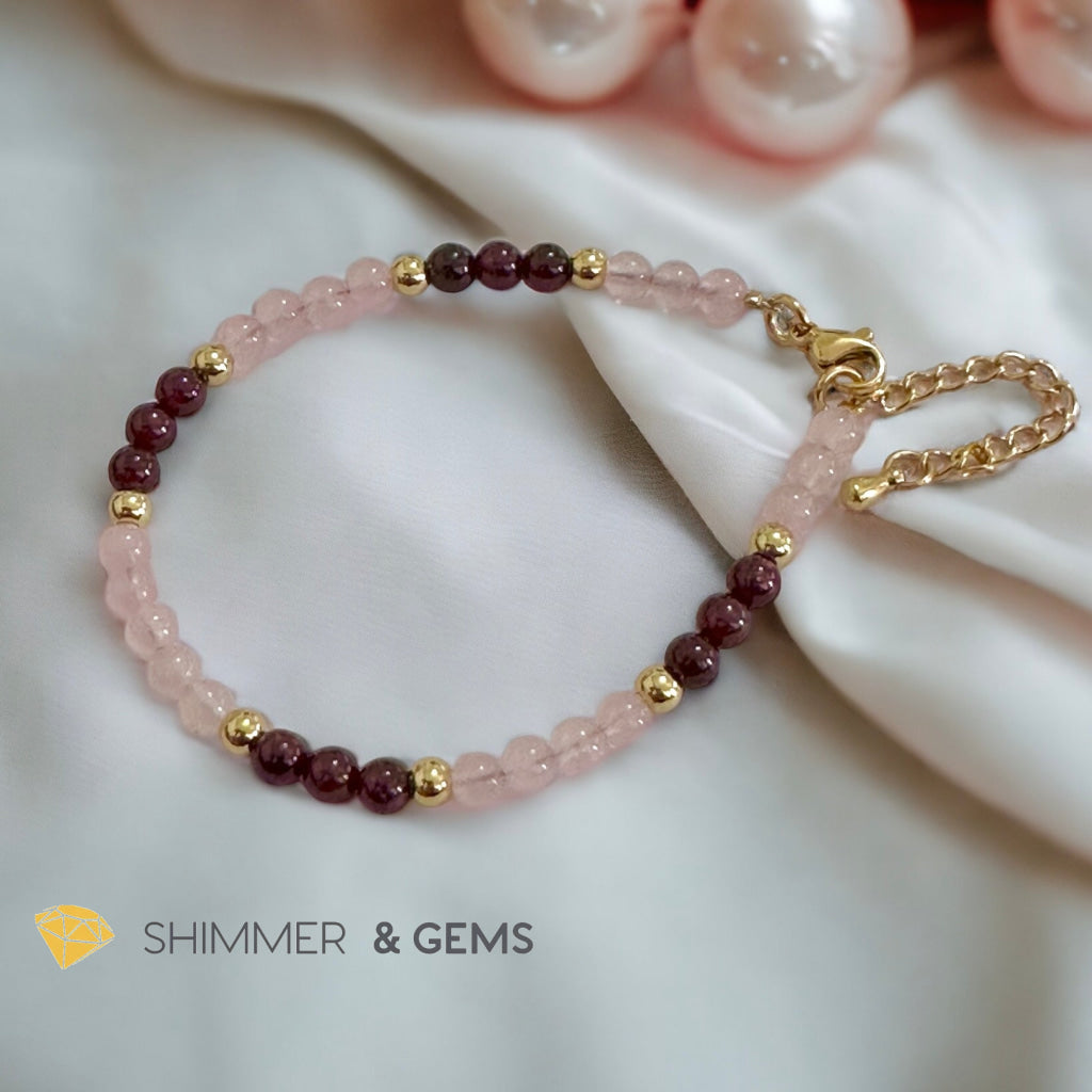 Attract Love 4mm Stainless Steel Remedy Bracelet (Rose Quartz & Garnet)Adjustable Size