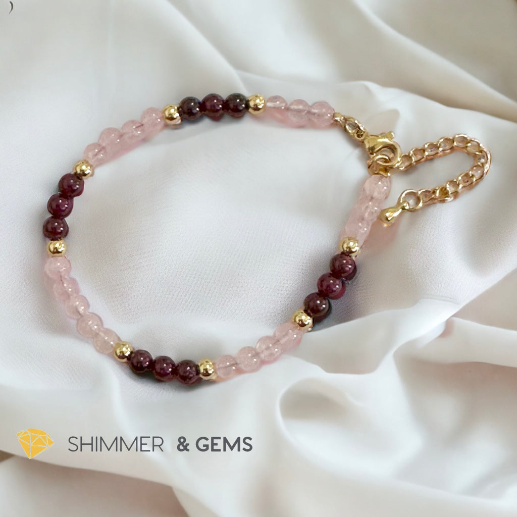 Attract Love 4mm Stainless Steel Remedy Bracelet (Rose Quartz & Garnet)Adjustable Size