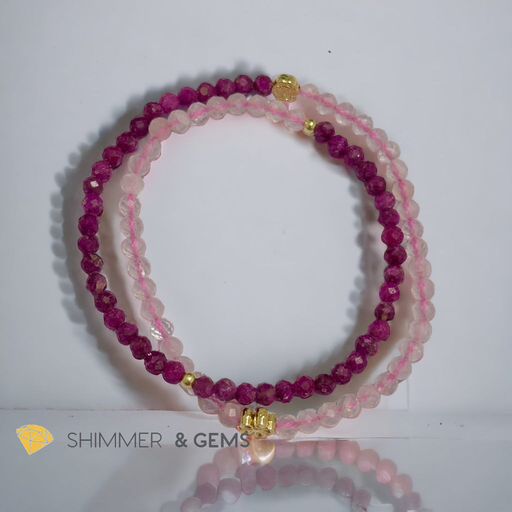 Beauty & Grace Infinity Double Bracelet (Ruby, Rose Quartz 4mm with 14k gold plated copper Lotus & Rose Charms)
