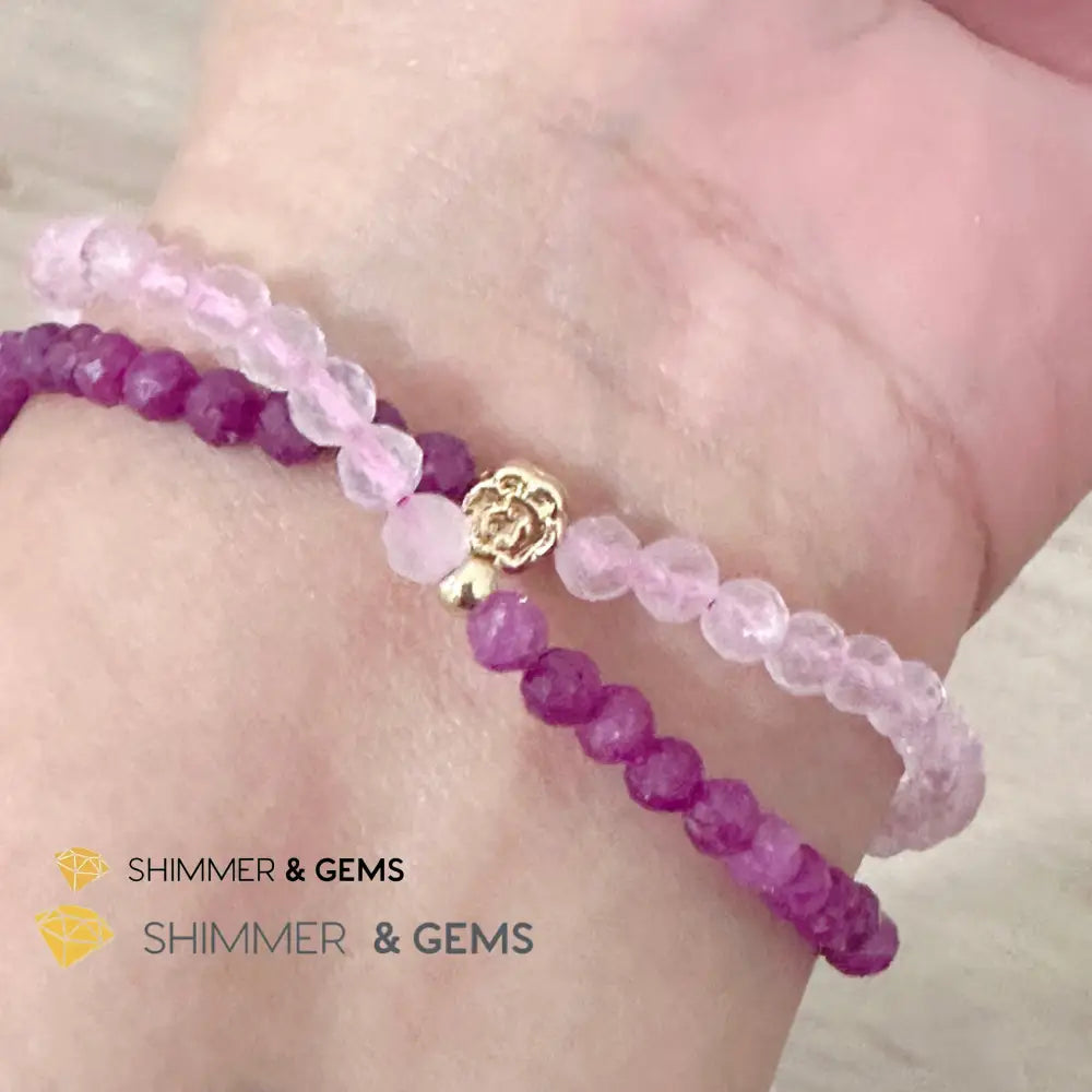 Beauty & Grace Infinity Double Bracelet (Ruby Rose Quartz 4mm with 14k gold plated copper Lotus & Rose Charms) Bracelets