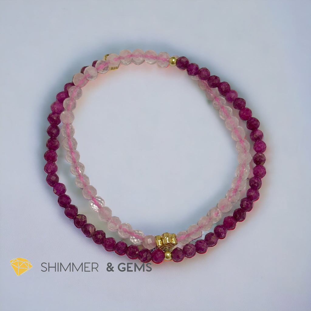 Beauty & Grace Infinity Double Bracelet (Ruby, Rose Quartz 4mm with 14k gold plated copper Lotus & Rose Charms)