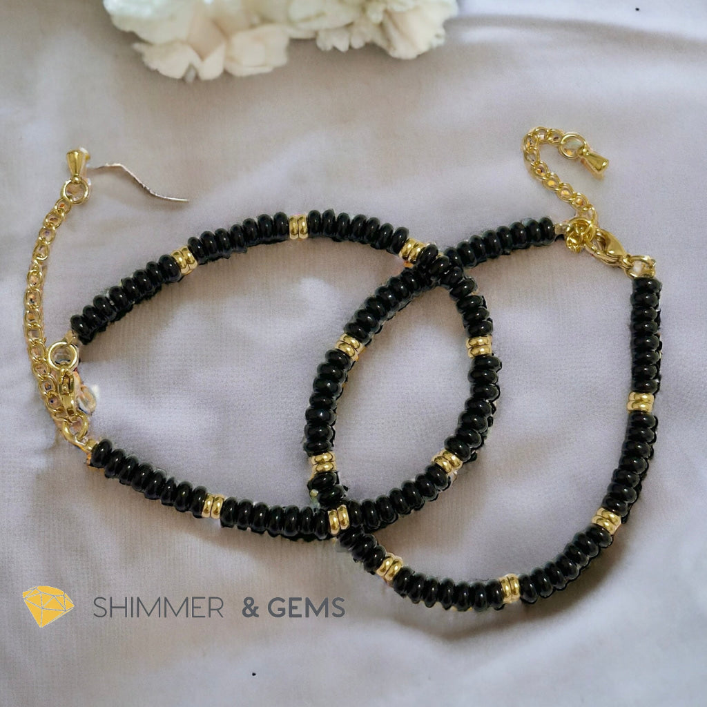 Black Onyx 4mm Rondelle Bracelet with stainless steel chain