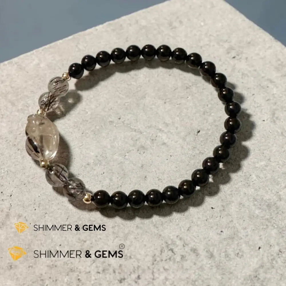 Black Rutilated Quartz Pixiu & Black Tourmaline 6mm Bracelet - 6.5”