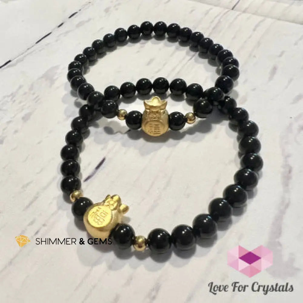 Black Tourmaline Money Bag Bracelet (6mm) 24K Gold Filled Brass Bracelets