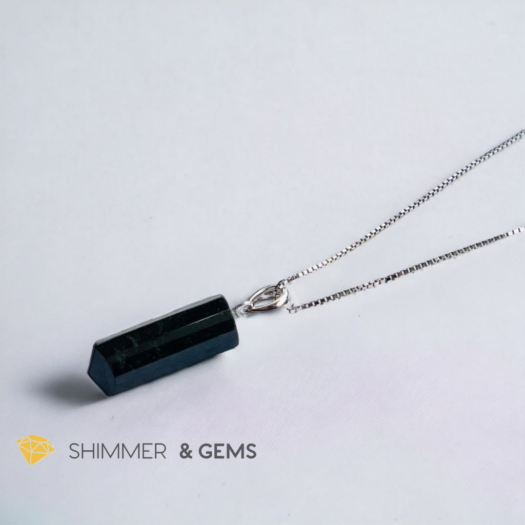 Black Tourmaline Tube 925 Silver Pendant (Protection)