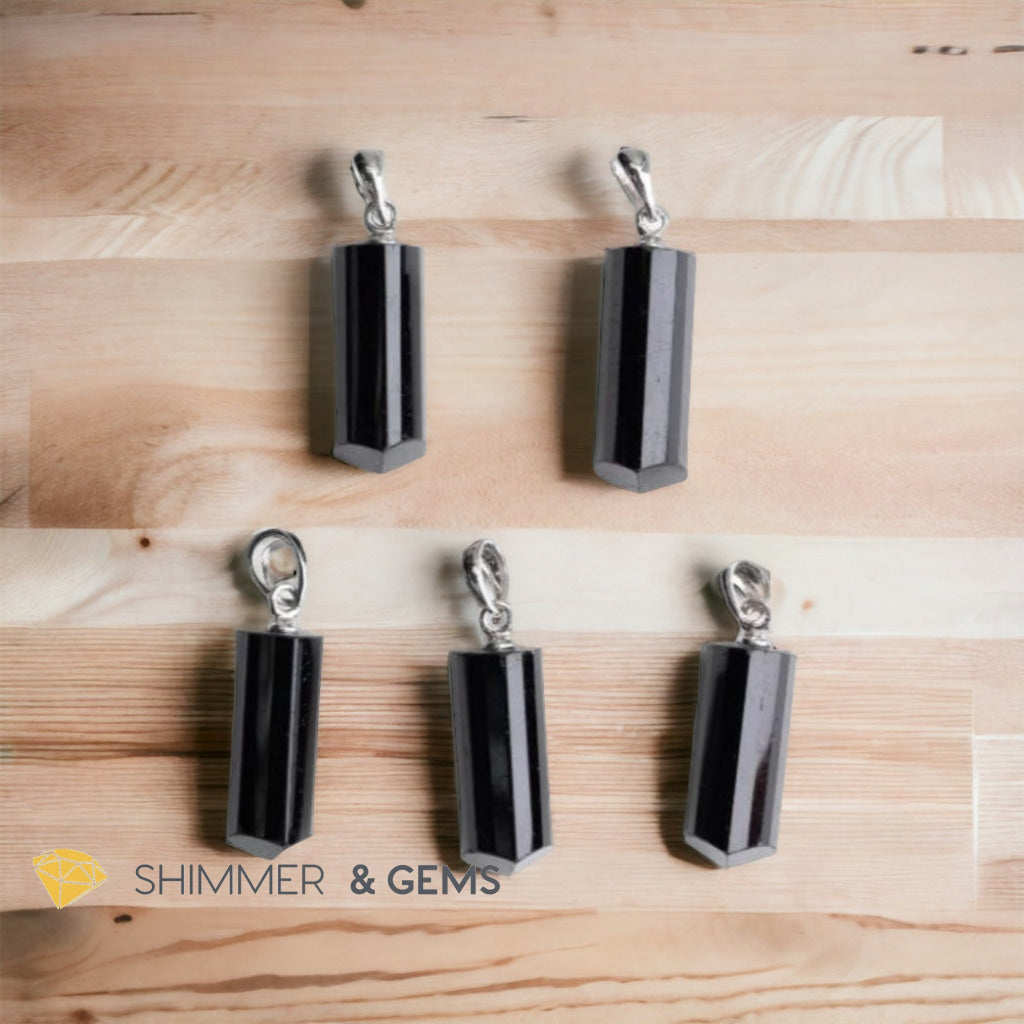 Black Tourmaline Tube 925 Silver Pendant (Protection)
