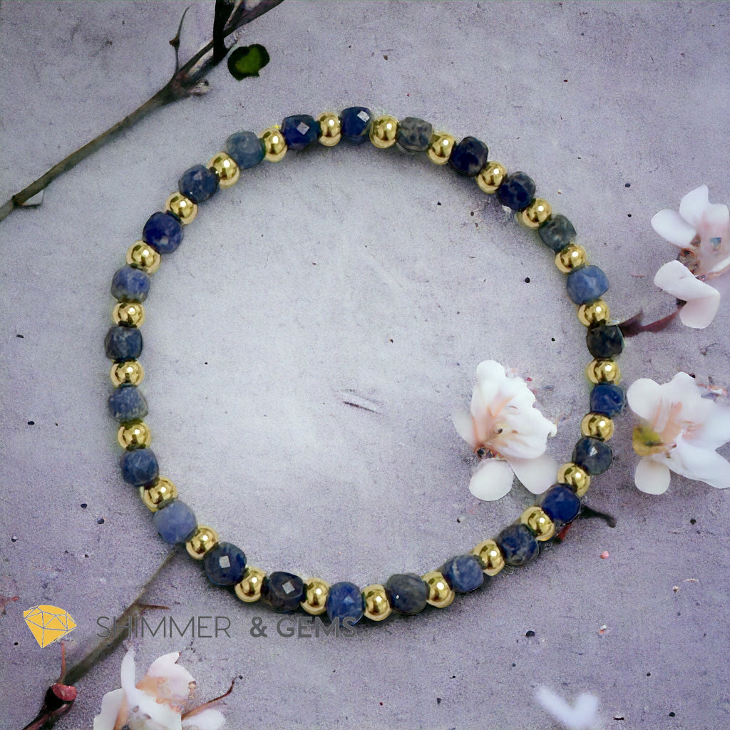 Blue Sodalite Cube (4mm) Bracelet with Stainless Steel Beads