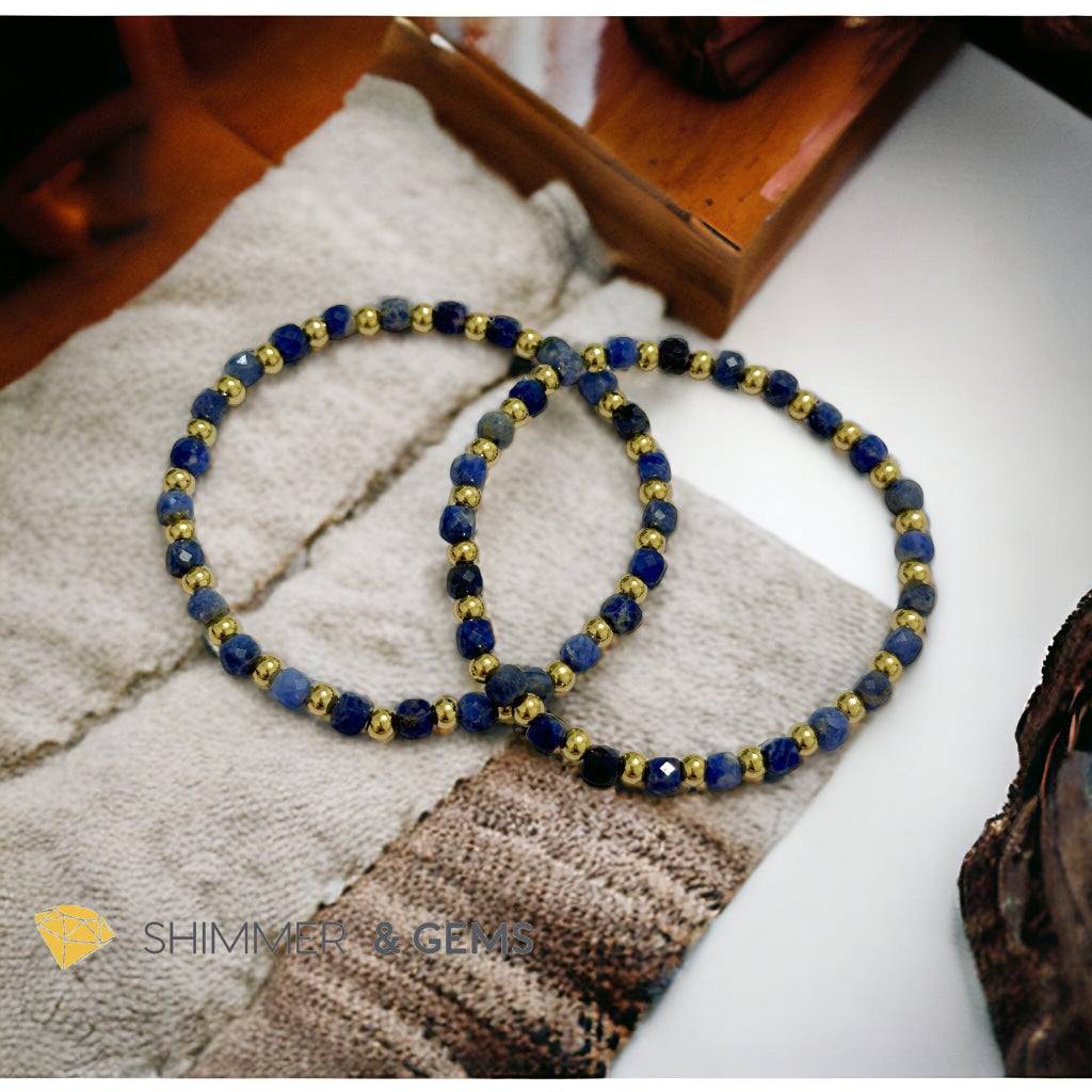 Blue Sodalite Cube (4mm) Bracelet with Stainless Steel Beads