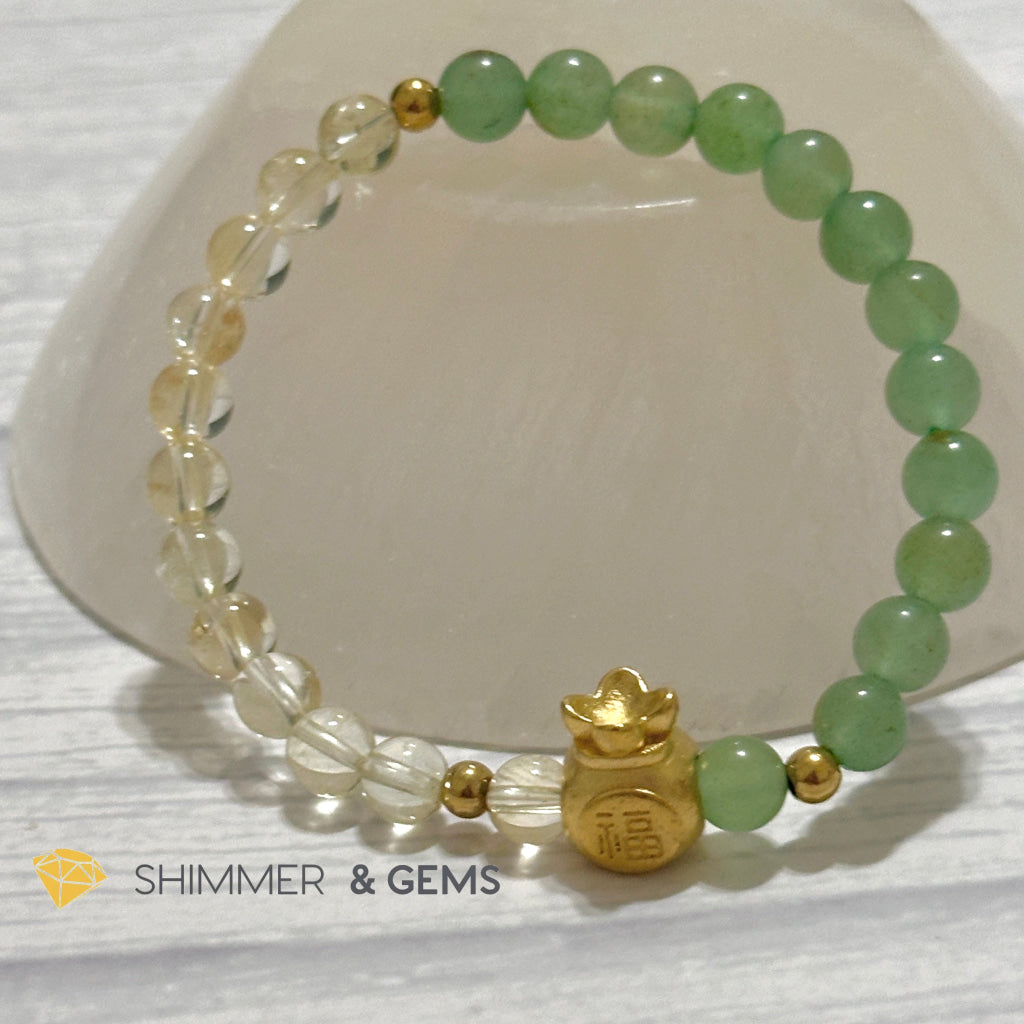 Citrine and Aventurine Money Bag Bracelet 6mm (24K Gold Filled Brass)