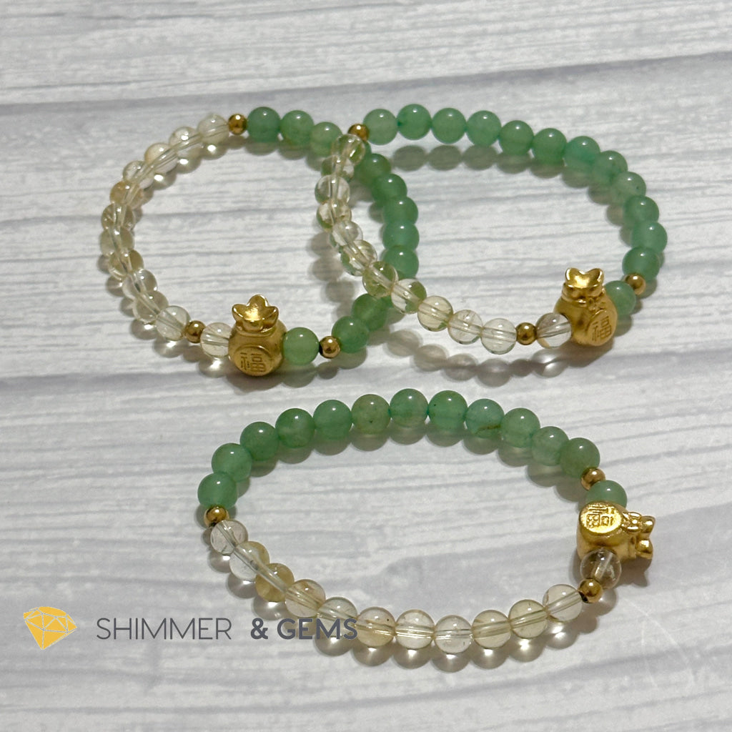 Citrine and Aventurine Money Bag Bracelet 6mm (24K Gold Filled Brass)