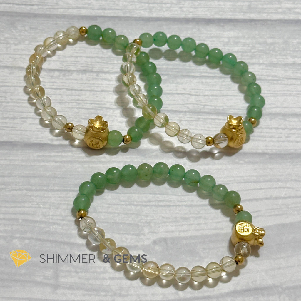 Citrine and Aventurine Money Bag Bracelet 6mm (24K Gold Filled Brass)