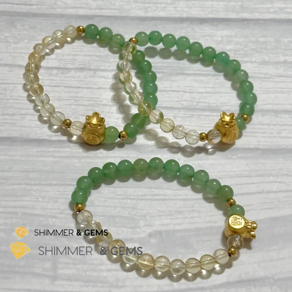 Citrine and Aventurine Money Bag Bracelet 6mm (24K Gold Filled Brass) Bracelets