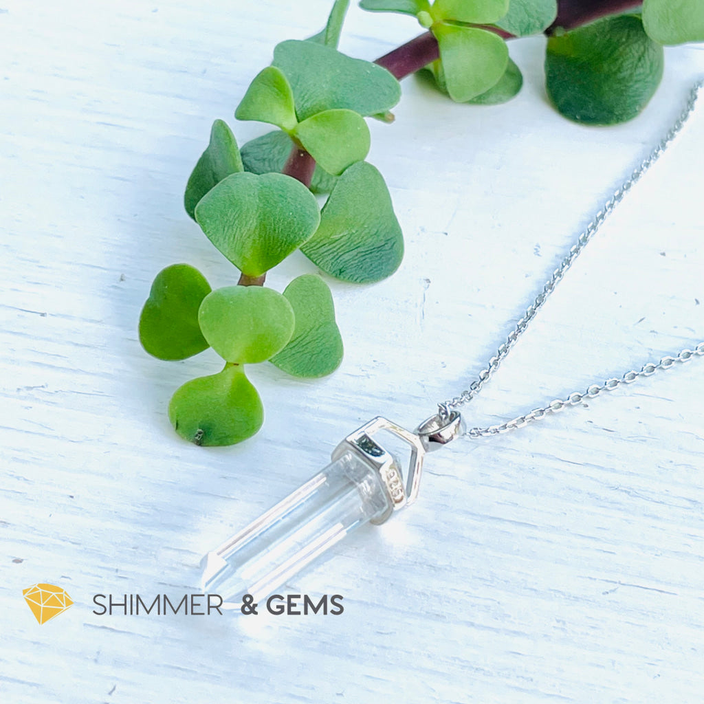 Clear Quartz Double Pointer Pendant 925 Silver (Positive Energy) 22Mm With Necklace Charms &