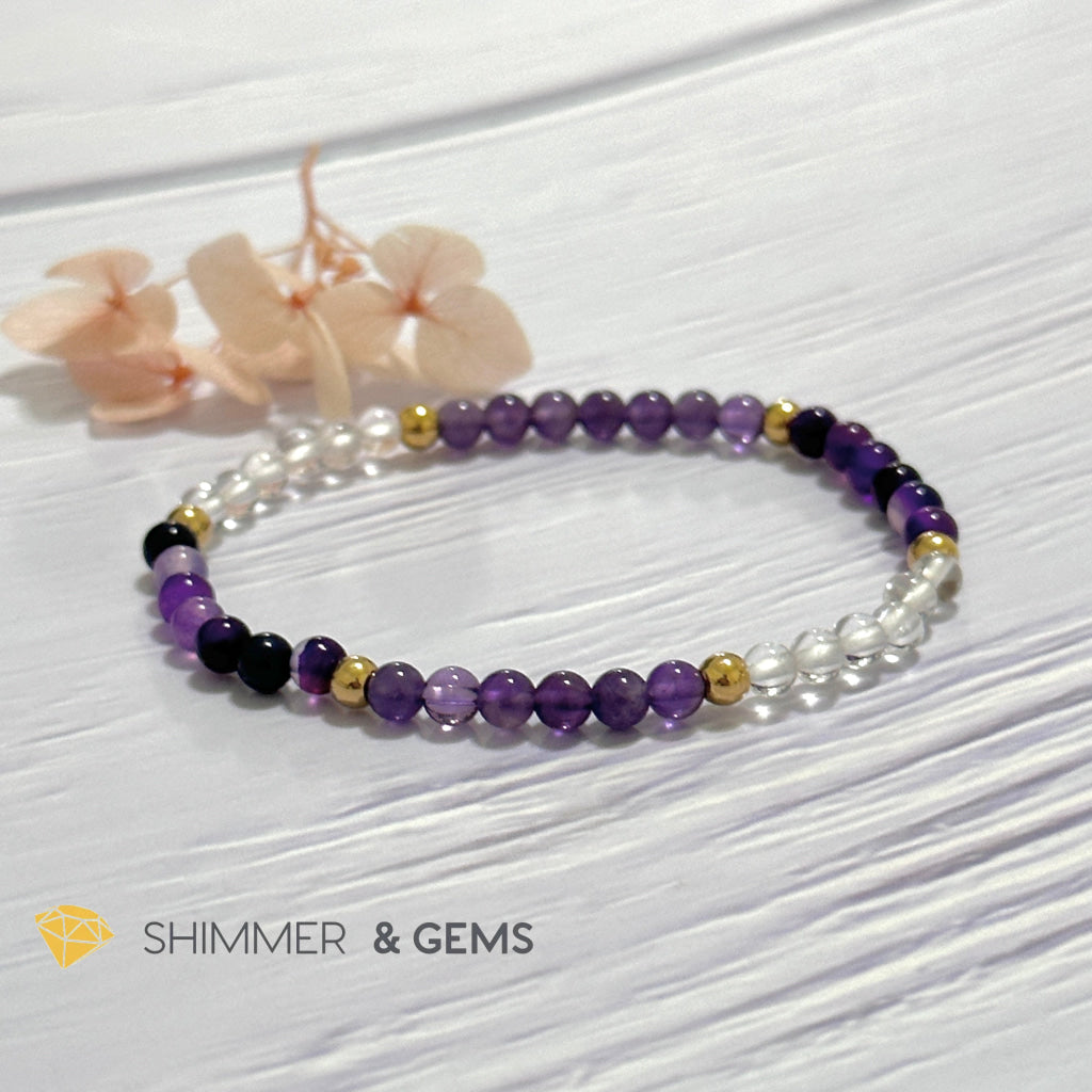 Crown Chakra Positivity Remedy Bracelet 4mm with stainless steel beads (Amethyst, Clear Quartz & Purple Agate)
