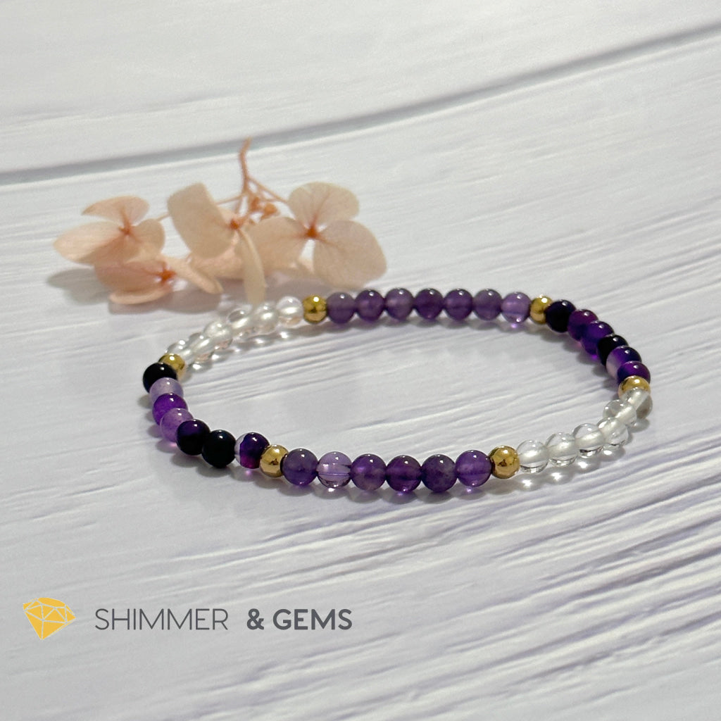 Crown Chakra Positivity Remedy Bracelet 4mm with stainless steel beads (Amethyst, Clear Quartz & Purple Agate)