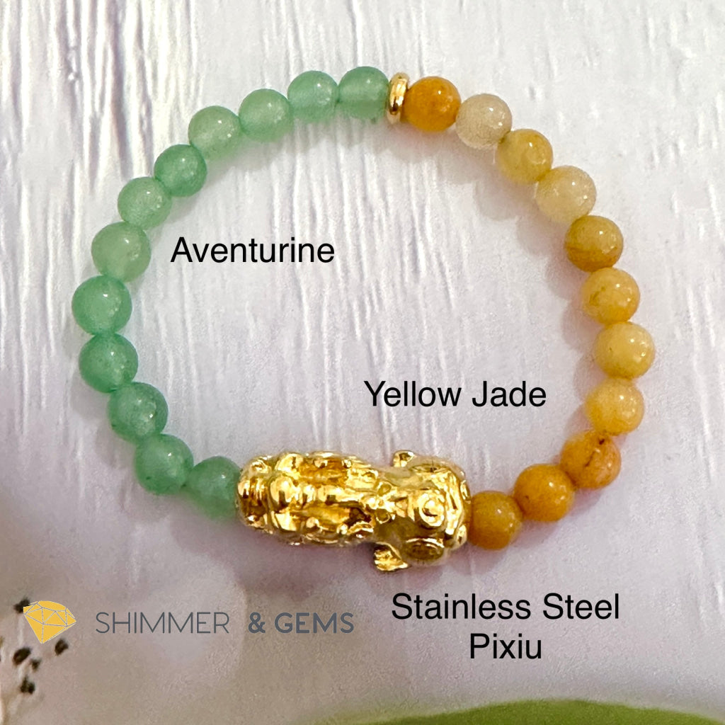 Double Good Luck Pixiu Bracelet (Stainless Steel) Aventurine and Yellow Jade 6mm