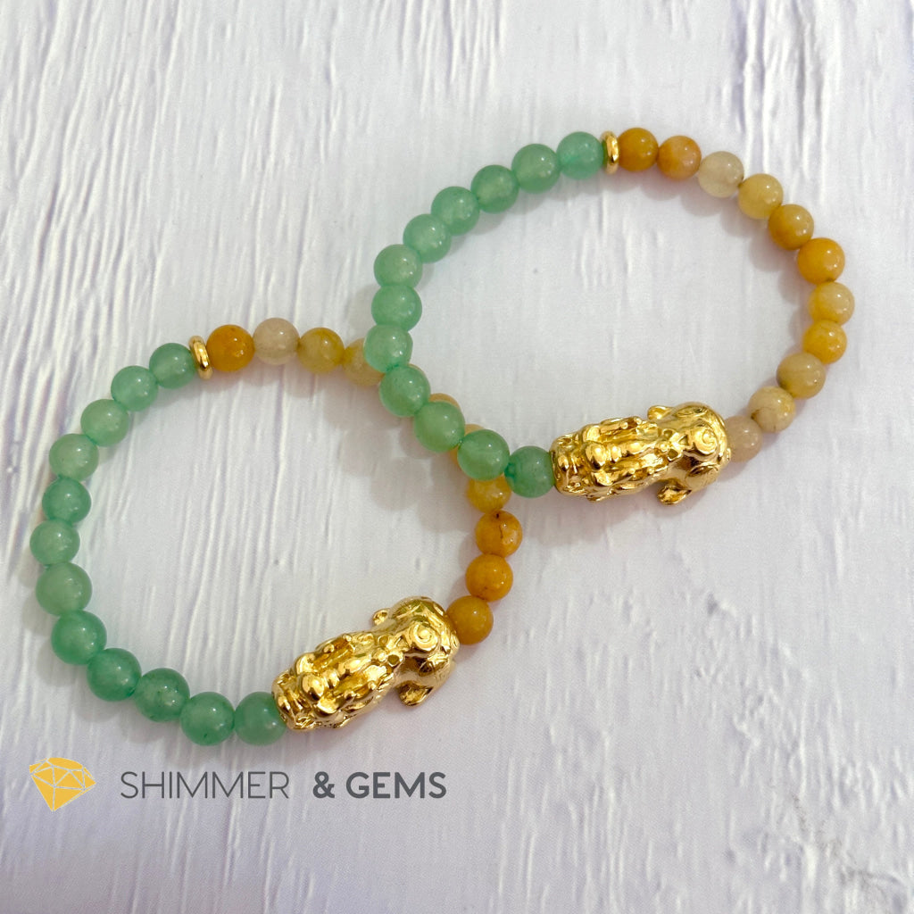 Double Good Luck Pixiu Bracelet (Stainless Steel) Aventurine and Yellow Jade 6mm
