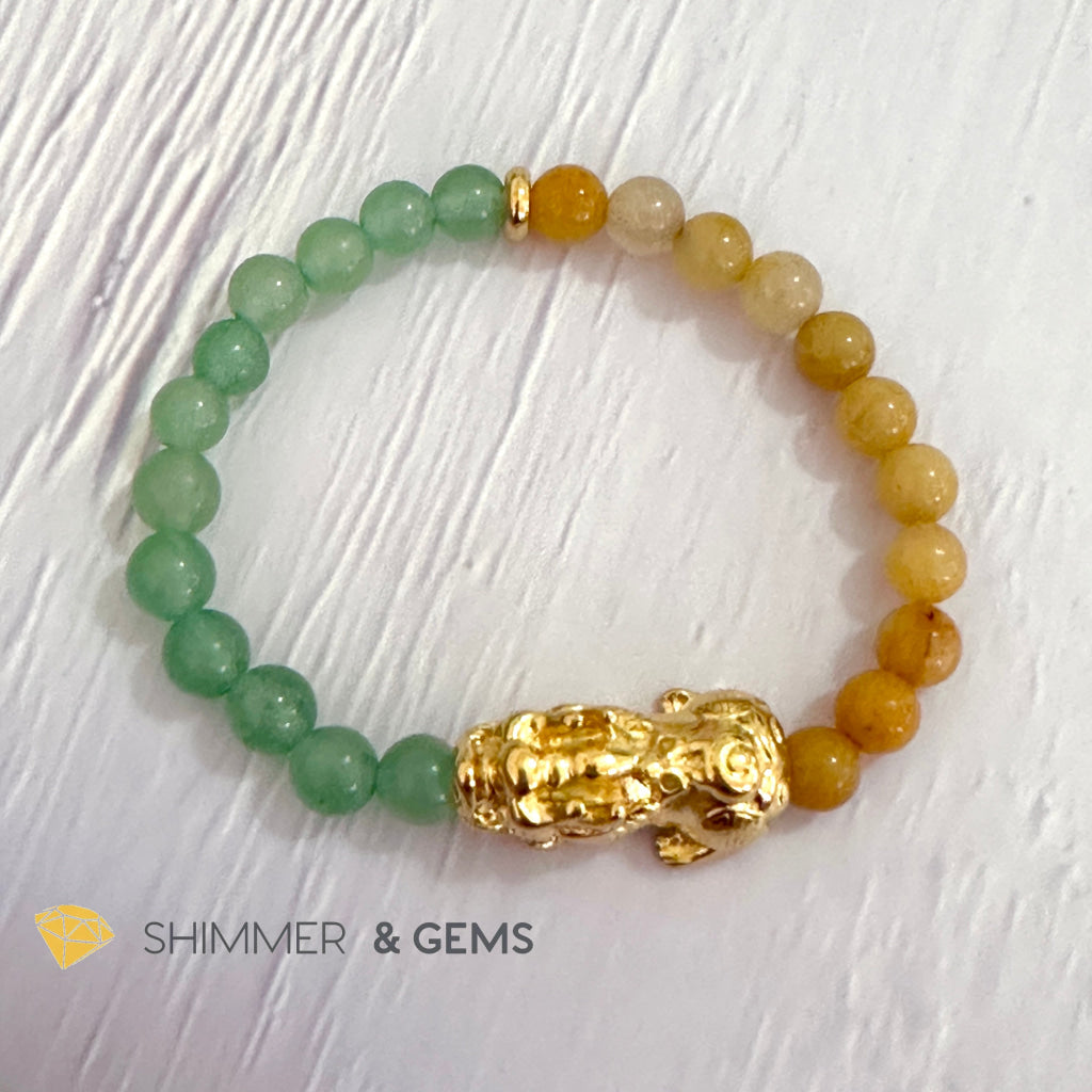 Double Good Luck Pixiu Bracelet (Stainless Steel) Aventurine and Yellow Jade 6mm