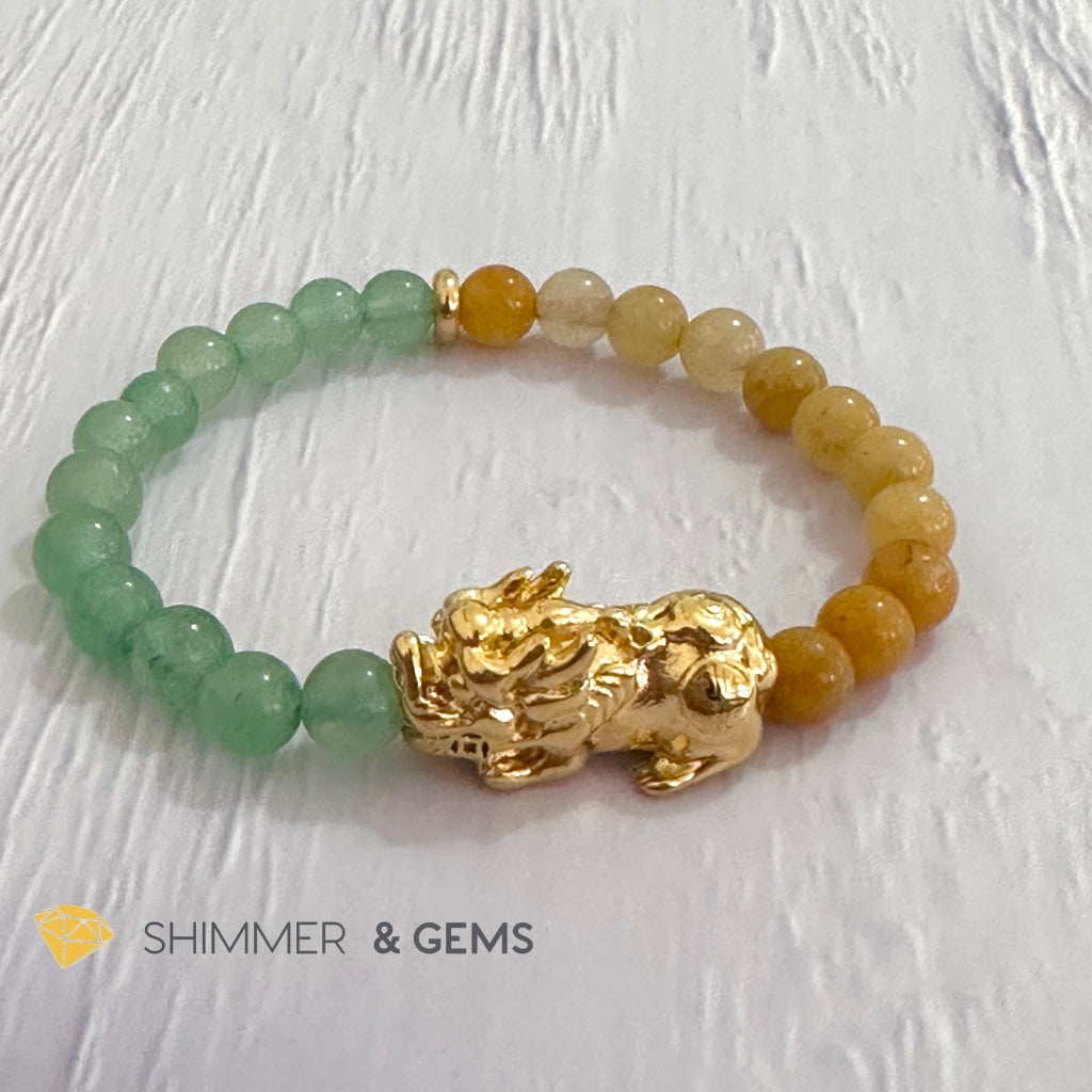 Double Good Luck Pixiu Bracelet (Stainless Steel) Aventurine and Yellow Jade 6mm