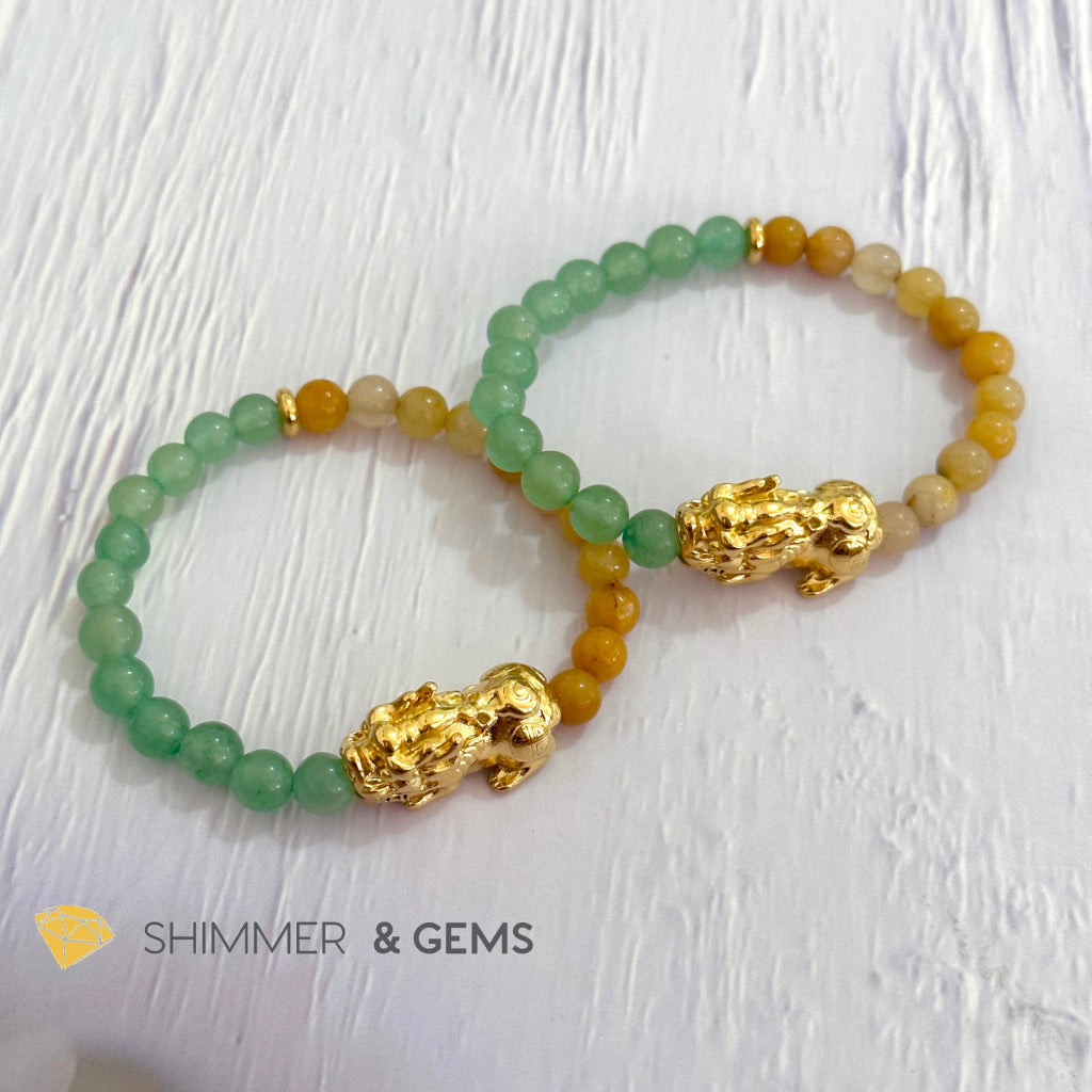 Double Good Luck Pixiu Bracelet (Stainless Steel) Aventurine and Yellow Jade 6mm