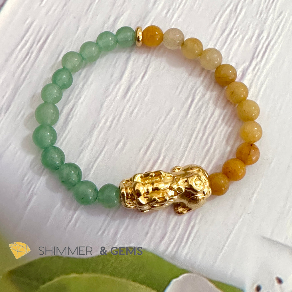 Double Good Luck Pixiu Bracelet (Stainless Steel) Aventurine and Yellow Jade 6mm
