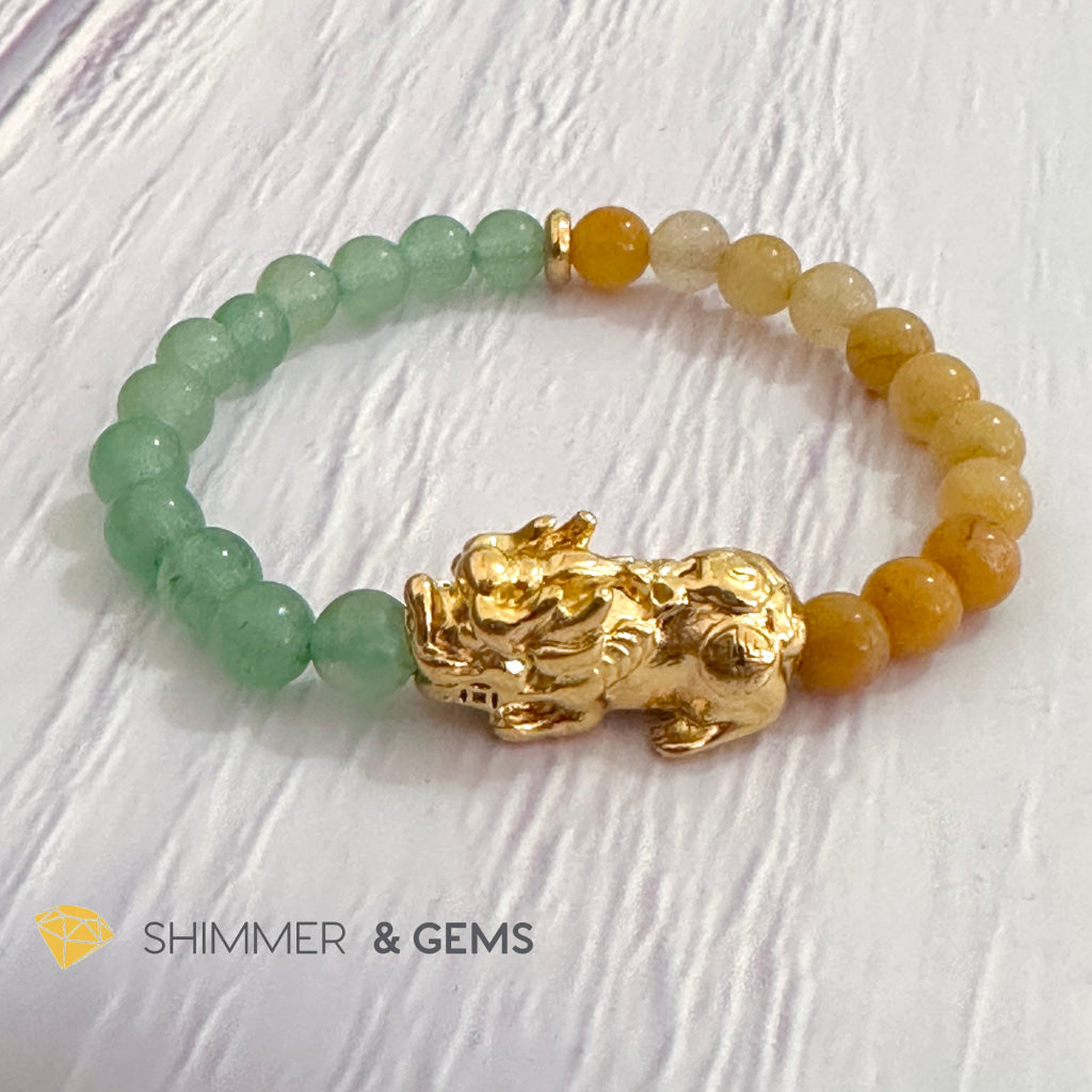 Double Good Luck Pixiu Bracelet (Stainless Steel) Aventurine and Yellow Jade 6mm