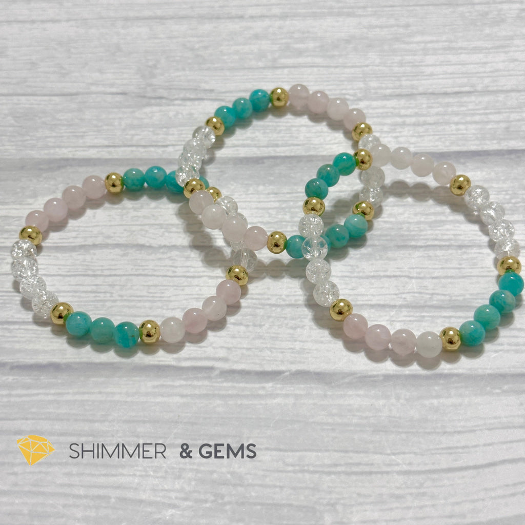 Emotional Healing Remedy Bracelet (Amazonite, Rose Quartz Madagascar, Crackle Quartz 6mm +14k gold filled)
