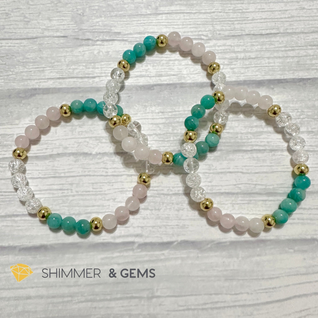 Emotional Healing Remedy Bracelet (Amazonite, Rose Quartz Madagascar, Crackle Quartz 6mm +14k gold filled)