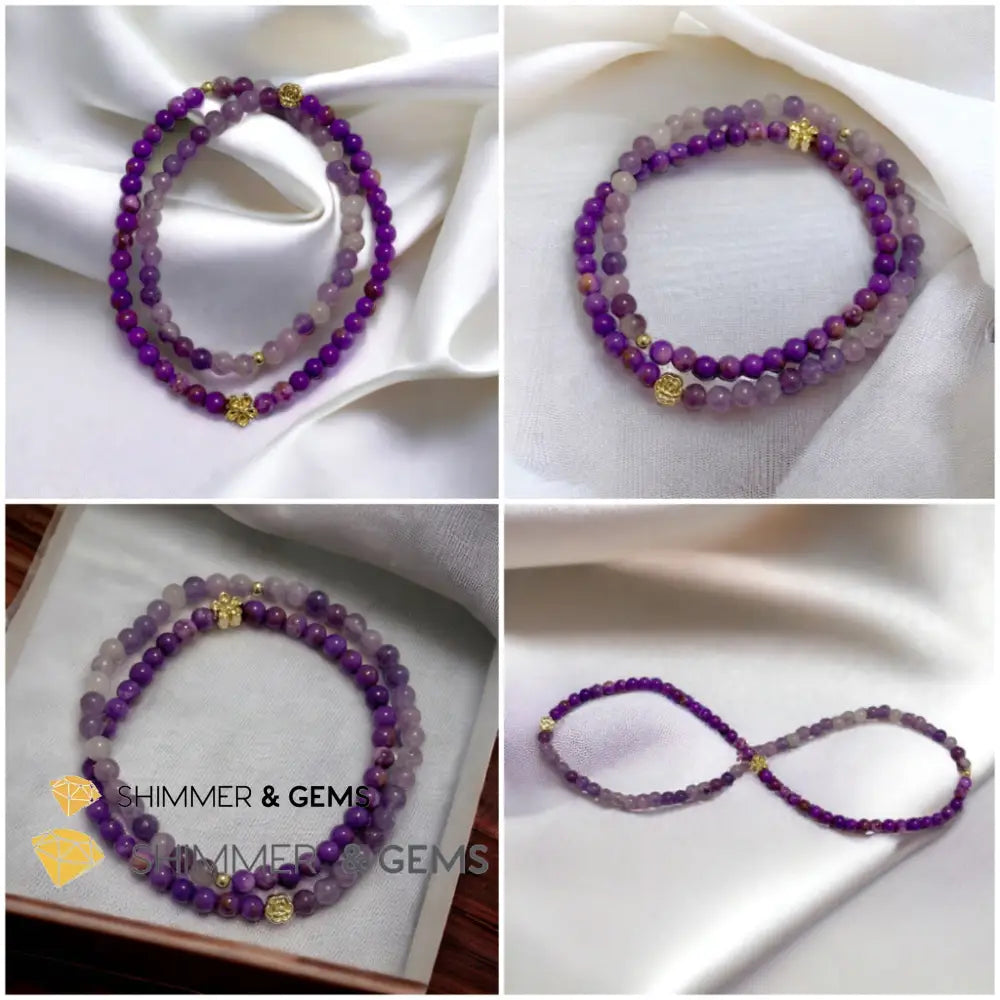 Goddess Athena Infinity Double Bracelet (Courage and Positivity) Purple Mica & Lepidolite 4mm with 14k Goldplated