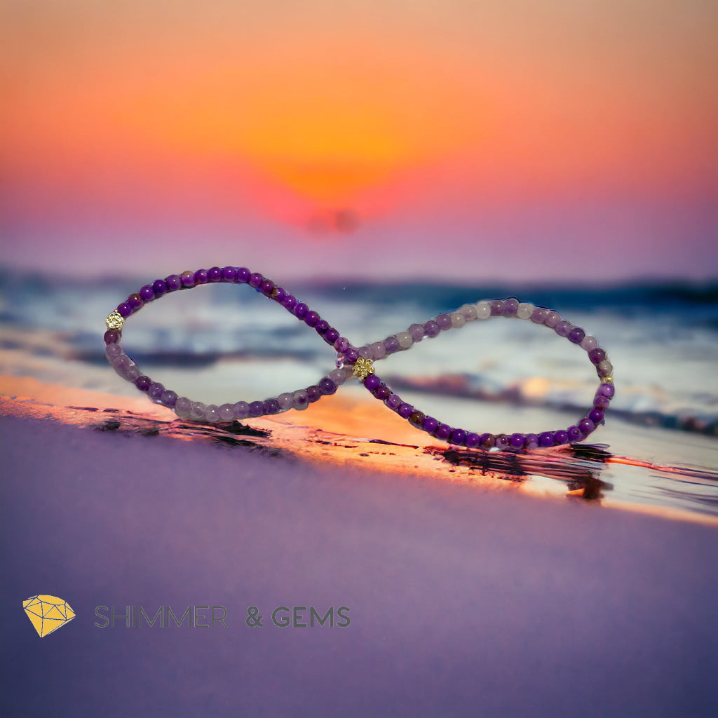 Goddess Athena Infinity Double Bracelet (Courage and Positivity) Purple Mica & Lepidolite 4mm with 14k Goldplated Copper Charms