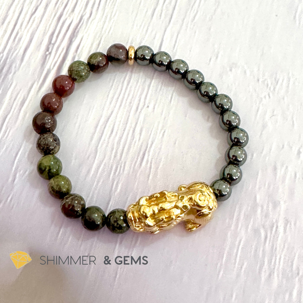 Good Health Pixiu Bracelet (Stainless Steel) Hematite & Bloodstone